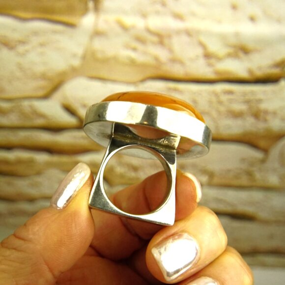 Giant Amber & 925 Silver Heavy Modernist Ring Size 9 - Rare To Find Gift - Picture 12 of 16